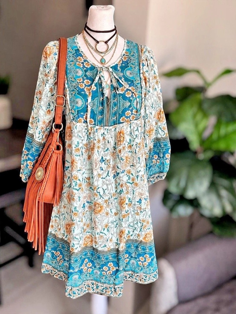 BLUETIME Size L Boho Floral Paisley Tunic Dress 3/4 Sleeve Tie Neck